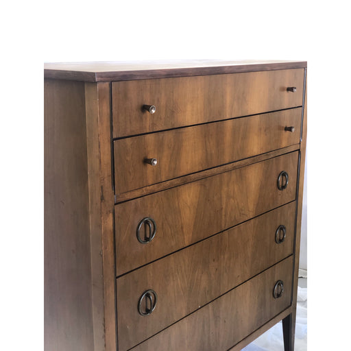 Vintage Mid Century Modern Tallboy Dresser Drawers in Walnut Tone with Original Metal Pulls & Hardware with Elements of Traditional Woodworking in the style of Drexel