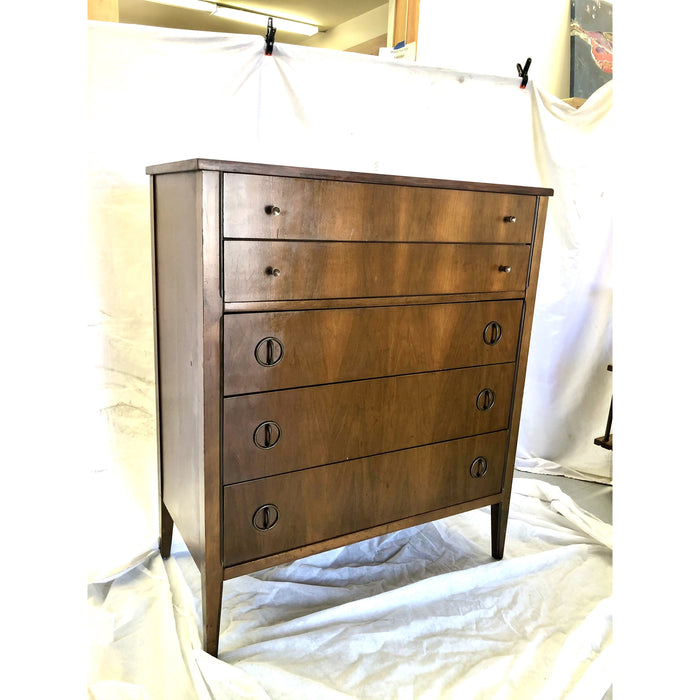 Vintage Mid Century Modern Tallboy Dresser Drawers in Walnut Tone with Original Metal Pulls & Hardware with Elements of Traditional Woodworking in the style of Drexel