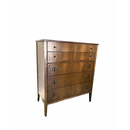Vintage Mid Century Modern Tallboy Dresser Drawers in Walnut Tone with Original Metal Pulls & Hardware with Elements of Traditional Woodworking in the style of Drexel