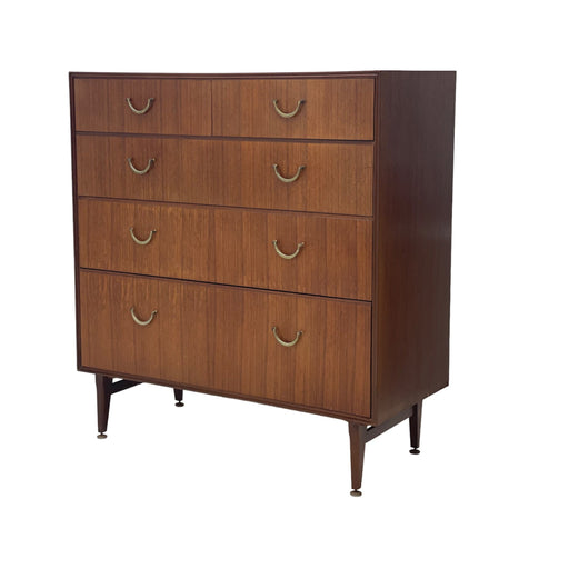 Vintage Recent UK Import Mid-Century Modern 5 Drawer Dresser Mere-dew Style with Brass Toned Pulls & Original Hardware in Walnut or Teak Tone