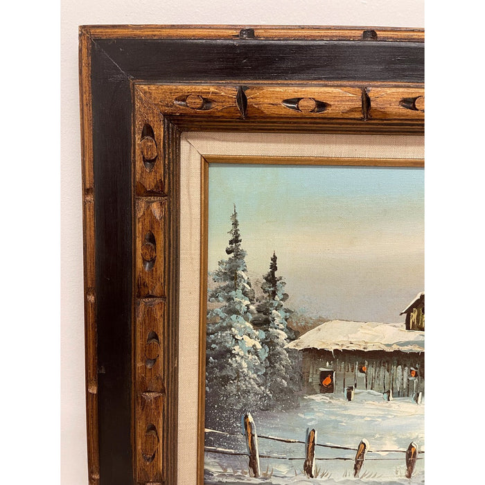 Vintage Signed Painting of Winter Cabin on Canvas