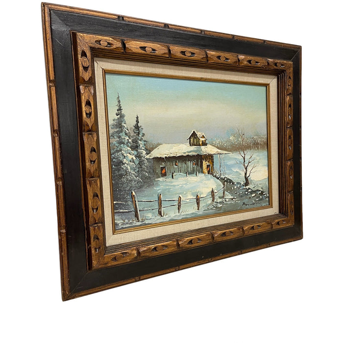 Vintage Signed Painting of Winter Cabin on Canvas