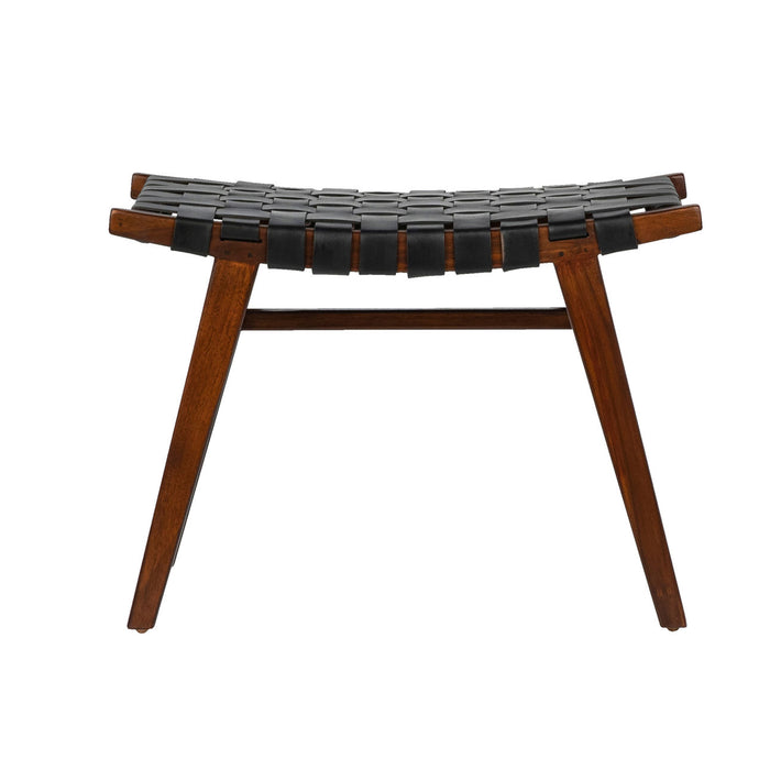 Solid Teak Wood Bench or Stool with Black Leather Strapping