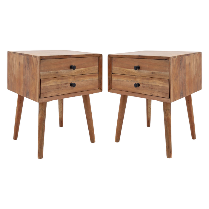 Brand New Modern Acacia Wood 2 Drawer Side Table Accent Stand Set