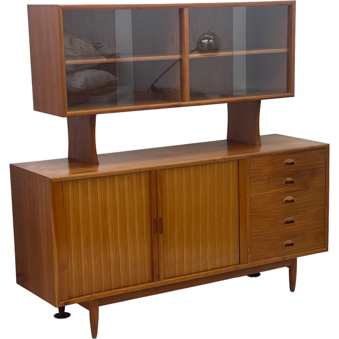 Vintage Danish Mid Century Modern Teak Credenza Hutch Tambour Door Cabinet Dovetailed Drawers (Available by online purchase only)