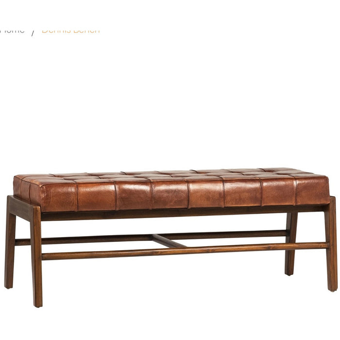 Brand New Mid Century Modern Style Full Grain Leather Bench with Solid Teak Frame