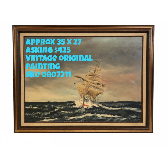 Vintage Original Painting - Ship With Full Sails