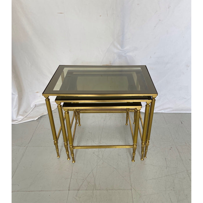 Vintage Brass Glass Top Mid Century Modern Nesting Table Set of Three