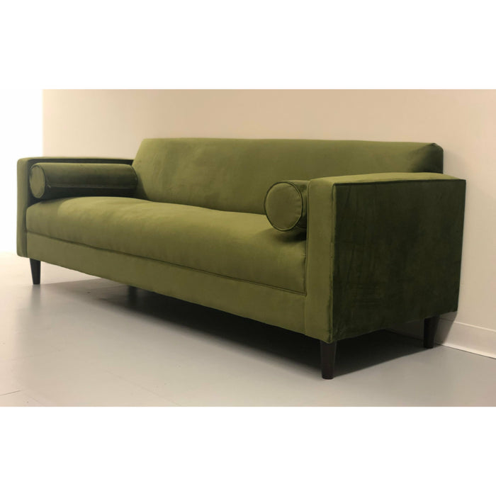 Brand New Modern Sofa/ Couch in Avocado Green Velvet Upholstery Made in USA Solid Wood Frame