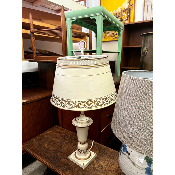 Vintage, 1950's, Cream And Gold Colored, Metal Toleware, Tall, Table Lamp with Glass Insert, Shade