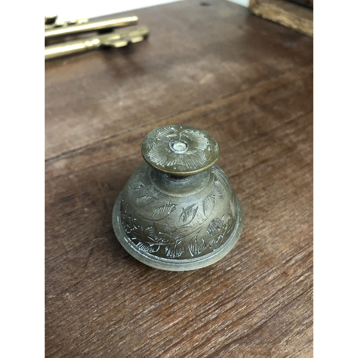 Vintage Indian Brass Miniature Bell - Hand carved Detail w Comb Shape