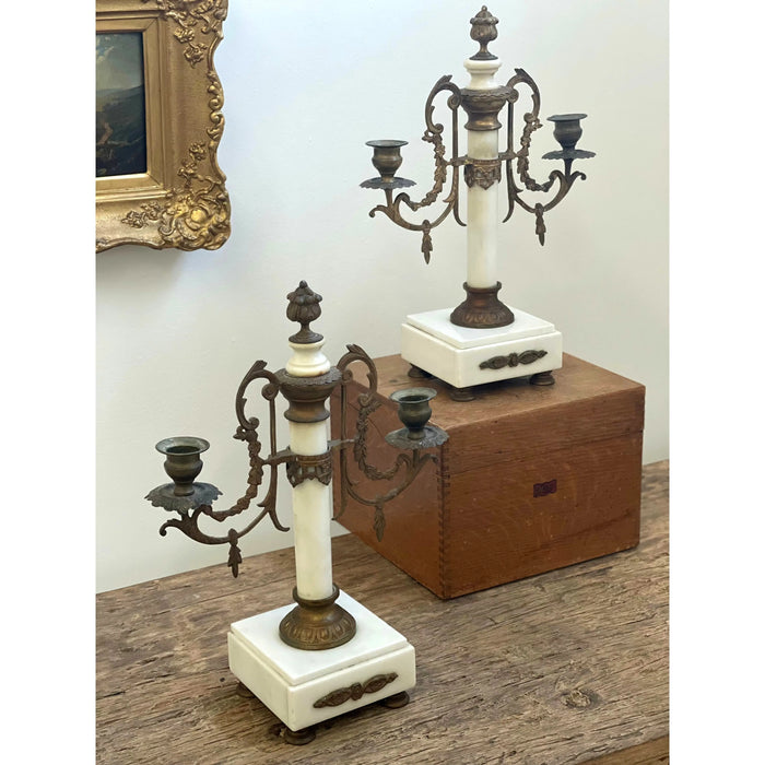 Pair of Louis XVI Style 19th Century Gilt-Bronze and Gilt-Metal and Marble Candelabra