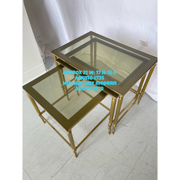 Vintage Brass Glass Top Mid Century Modern Nesting Table Set of Three