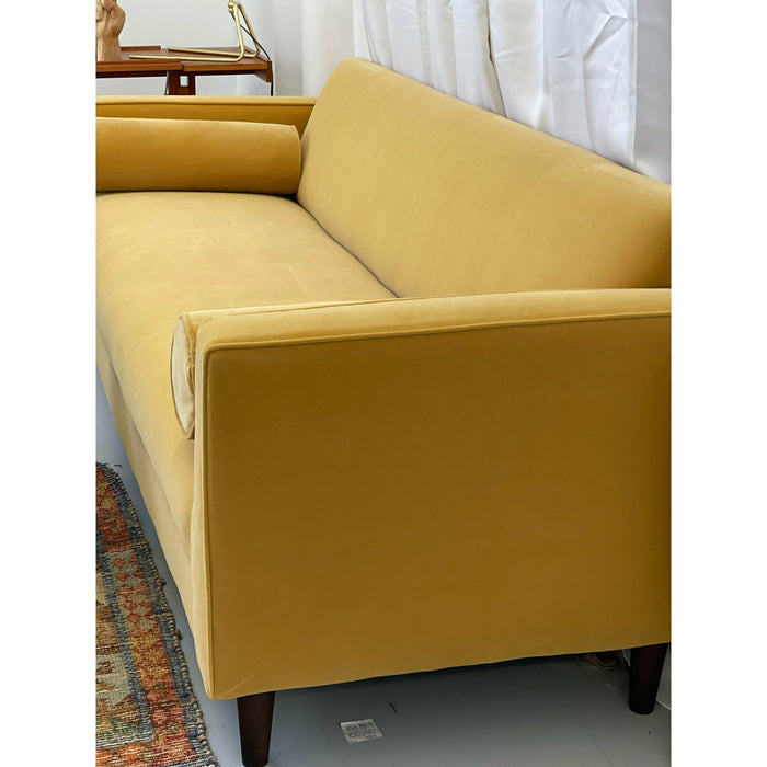 Free Local Curbside Delivery within 15 Miles - Brand New Modern Sofa/ Couch in Honey Yellow Velvet Upholstery Made in USA Solid Wood Frame - Please READ Below