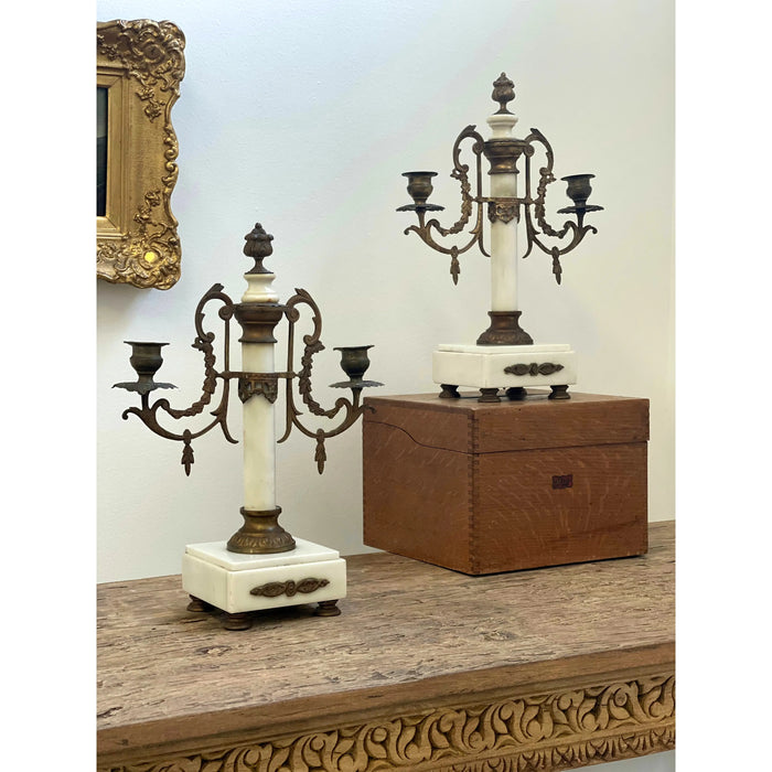 Pair of Louis XVI Style 19th Century Gilt-Bronze and Gilt-Metal and Marble Candelabra