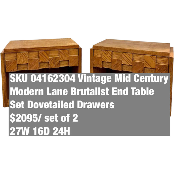 Vintage Mid Century Modern Lane Brutalist End Table Set Dovetailed Drawers