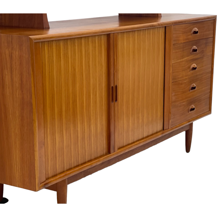 Vintage Danish Mid Century Modern Teak Credenza Hutch Tambour Door Cabinet Dovetailed Drawers (Available by online purchase only)
