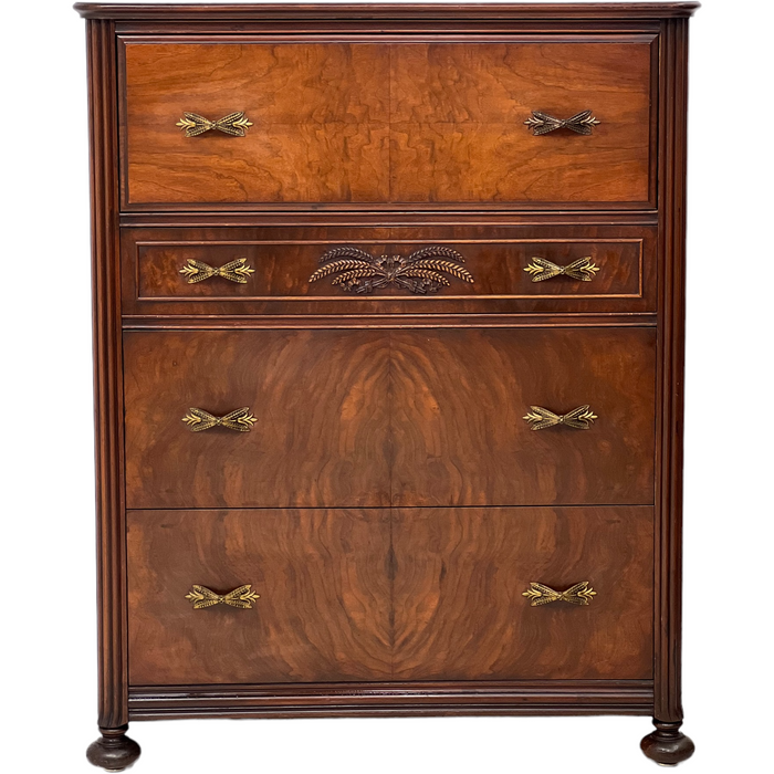 Vintage Regency Style Walnut and Mahogany Burl Wood Dresser with Ornate Handles and Details (Available by online purchase only)