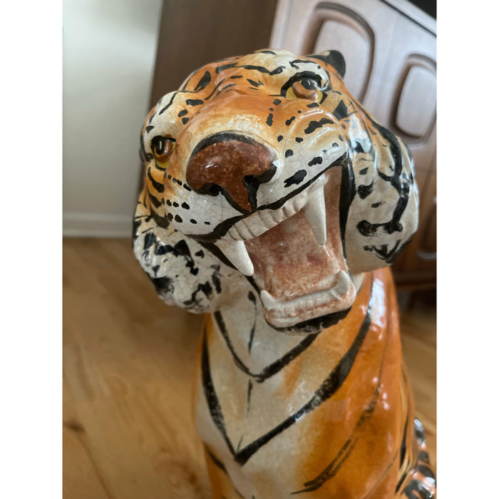 Vintage Large Italian Ceramic Sitting Tiger Statue