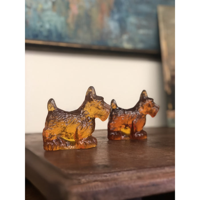 Vintage Amber Glass Scottish Terrier Dog Figurines - Pair